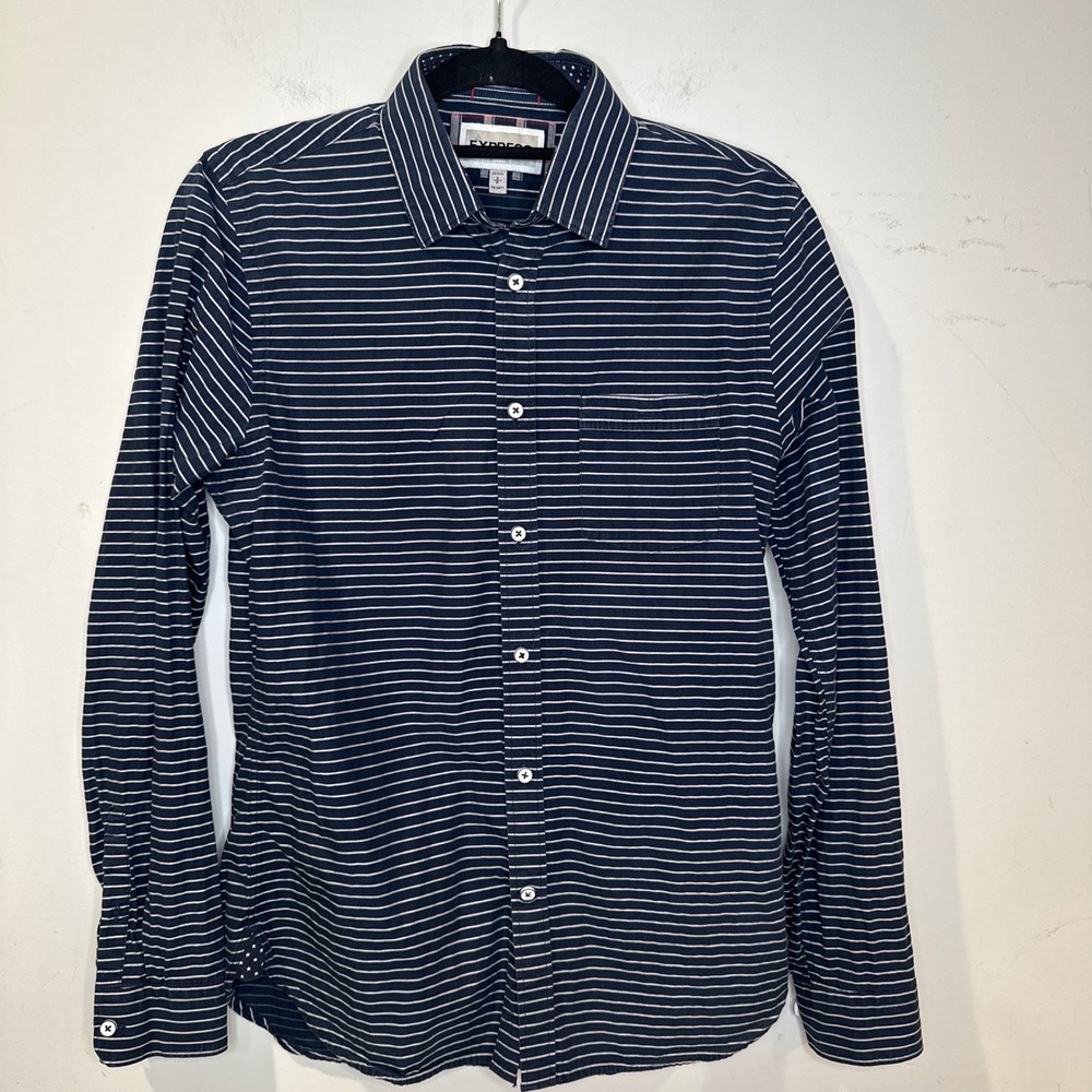 Express‎ Fitted Mens Navy White Striped Button Down Shirt Small 14-14.5 Cotton